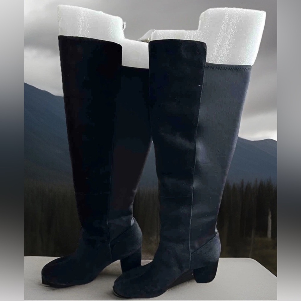New 9.5M Nine West Women Black Suede Leather Stretch W Calf Over Knee-High Boots